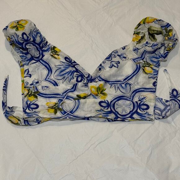 Sesto Senso Linen Crop Top Puff Sleeves Tie Back Size Medium Blue Yellow Floral - Picture 7 of 9